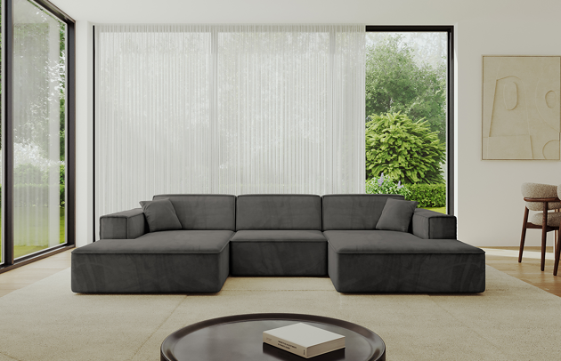 Bezug: Samt, Farbe: Dunkelgrau - Dream Velvet 202.13, Stellvariante: U-Form, Stoffbeschreibung: Polsterstoff Dream Velvet: Wasserabweisender und leicht zu reinigender Möbelstoff, scheuerfest (30.000 Martindale-Zyklen) lichtecht (6) und pillingarm (4-5), aus 100 % PES, Gewicht 360 g/m2 ±5 %, Materialzusammensetzung: 100% Polyseter, Pilling Resistenz: 4.maj, Abriebfestigkeit: 5, Scheuerbeständigkeit: 30000 Martindale-Zyklen, Ausstattung: Kissen, Zimmer: Wohnzimmer, Tiefe: 165 cm, Breite: 301 cm, Höhe: 80 cm, Anzahl der Sitzflächen: 4, Sitzfüllung: Wellenfeder + T30-Schaum, Art der Rückenkissen: Rückenlehne - feste, Annzahl der Sitzkissen: 3, Anzahl der Zierkissen: 2, Breite der Armlehnen: 25 cm, Höhe der Armlehnen: 58 cm, Breite der Ottomane: 108 cm, Tiefe der Ottomane: 143 cm, Tiefe der Sitzfläche: 62 cm, Sitzhöhe: 44 cm, Schlaffunktion: Ohne Schlaffunktion - 1