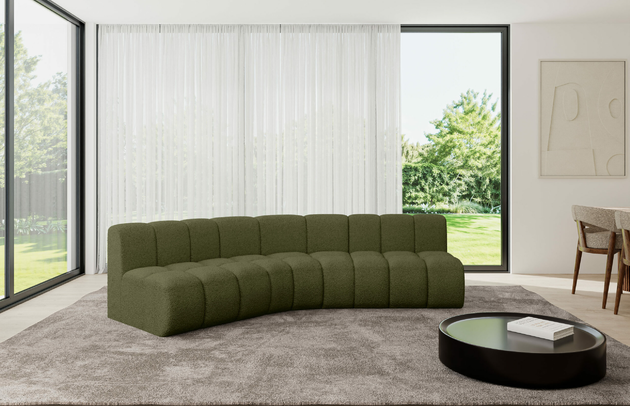 Bezug: Bouclé, Farbe: Grün - Quelle 38, Stellvariante: Abgerundete Ecke, Stoffbeschreibung: Polsterstoff Quelle: hochwertiger Bouclé Stoff, strapazierfähig, atmungsaktiv und pflegeleicht. (80.000 Martindale-Zyklen) 100 % PES, pillingarm(4-5), Gewicht 315 g/m² ±5 %, Materialzusammensetzung: 100% Polyseter, Pilling Resistenz: 5, Abriebfestigkeit: 5, Scheuerbeständigkeit: 80000 Martindale-Zyklen, Zimmer: Wohnzimmer, Tiefe: 174 cm, Breite: 290 cm, Höhe: 70 cm, Anzahl der Sitzflächen: 5, Sitzfüllung: Wellenfeder, Art der Rückenkissen: Rückenlehne - feste, Tiefe der Sitzfläche: 62 cm, Sitzhöhe: 40 cm, Schlaffunktion: Ohne Schlaffunktion - 1