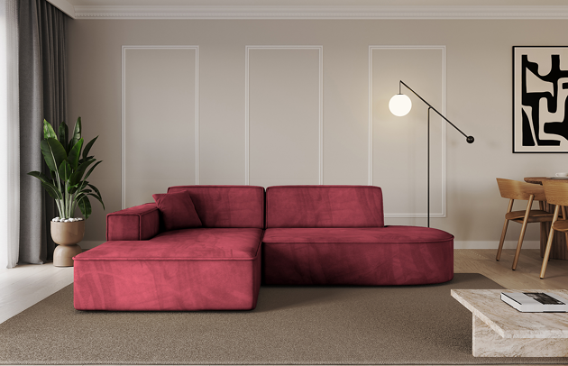 Bezug: Samt, Farbe: Bordeauxrot - Dream Velvet 202.11, Stellvariante: Ottomane Links, Stoffbeschreibung: Polsterstoff Dream Velvet: Wasserabweisender und leicht zu reinigender Möbelstoff, scheuerfest (30.000 Martindale-Zyklen) lichtecht (6) und pillingarm (4-5), aus 100 % PES, Gewicht 360 g/m2 ±5 %, Materialzusammensetzung: 100% Polyseter, Pilling Resistenz: 4.maj, Abriebfestigkeit: 5, Scheuerbeständigkeit: 30000 Martindale-Zyklen, Ausstattung: Kissen, Zimmer: Wohnzimmer, Tiefe: 165 cm, Breite: 232 cm, Höhe: 77 cm, Anzahl der Sitzflächen: 3, Art der Rückenkissen: Rückenlehne - feste, Annzahl der Sitzkissen: 2, Anzahl der Zierkissen: 1, Breite der Armlehnen: 25 cm, Höhe der Armlehnen: 58 cm, Breite der Ottomane: 108 cm, Tiefe der Ottomane: 143 cm, Tiefe der Sitzfläche: 62 cm, Sitzhöhe: 41 cm, Schlaffunktion: Ohne Schlaffunktion - 1