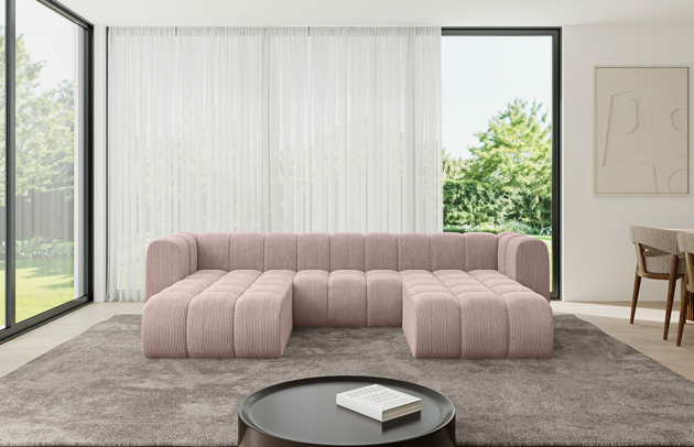 Bezug: Cord, Farbe: Rosa - Poso 145, Stellvariante: U-Form, Stoffbeschreibung: POSO ist ein angenehm anzufühlender Velours mit Kordstruktur (35000 MartindaleZyklen) und leicht zu reinigender Möbellstoff, lichtecht (5) und pillingarm (5), Gewicht 380 g/m2 ±5%, Materialzusammensetzung: 90% Polyseter, 10% Nylon, Pilling Resistenz: 5, Abriebfestigkeit: 5, Scheuerbeständigkeit: 30000 Martindale-Zyklen, Zimmer: Wohnzimmer, Tiefe: 177 cm, Breite: 319 cm, Höhe: 70 cm, Anzahl der Sitzflächen: 4, Art der Rückenkissen: Rückenlehne - feste, Breite der Ottomane: 87 cm, Tiefe der Ottomane: 90 cm, Tiefe der Sitzfläche: 62 cm, Sitzhöhe: 40 cm, Schlaffunktion: Ohne Schlaffunktion - 1