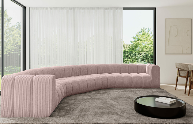 Bezug: Cord, Farbe: Rosa - Poso 145, Stellvariante: U-Form, Stoffbeschreibung: POSO ist ein angenehm anzufühlender Velours mit Kordstruktur (35000 MartindaleZyklen) und leicht zu reinigender Möbellstoff, lichtecht (5) und pillingarm (5), Gewicht 380 g/m2 ±5%, Materialzusammensetzung: 90% Polyseter, 10% Nylon, Pilling Resistenz: 5, Abriebfestigkeit: 5, Scheuerbeständigkeit: 30000 Martindale-Zyklen, Zimmer: Wohnzimmer, Tiefe: 373 cm, Breite: 373 cm, Höhe: 70 cm, Anzahl der Sitzflächen: 7, Art der Rückenkissen: Rückenlehne - feste, Tiefe der Sitzfläche: 62 cm, Sitzhöhe: 40 cm, Schlaffunktion: Ohne Schlaffunktion - 1