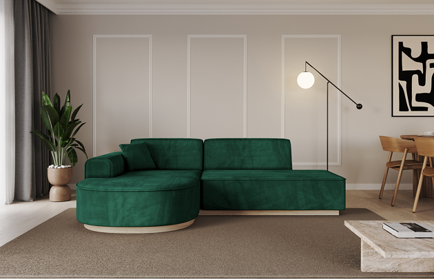Bezug: Samt, Farbe: Grün - Dream Velvet 202.31, Stellvariante: Ottomane Links, Stoffbeschreibung: Polsterstoff Dream Velvet: Wasserabweisender und leicht zu reinigender Möbelstoff, scheuerfest (30.000 Martindale-Zyklen) lichtecht (6) und pillingarm (4-5), aus 100 % PES, Gewicht 360 g/m2 ±5 %, Materialzusammensetzung: 100% Polyseter, Pilling Resistenz: 4, Abriebfestigkeit: 5, Scheuerbeständigkeit: 100000 Martindale-Zyklen, Zimmer: Wohnzimmer, Tiefe: 171 cm, Breite: 243 cm, Höhe: 83 cm, Anzahl der Sitzflächen: 4, Art der Rückenkissen: Rückenlehne - feste, Annzahl der Sitzkissen: 2, Anzahl der Zierkissen: 1, Tiefe der Armlehnen: 82 cm, Breite der Armlehnen: 20 cm, Höhe der Armlehnen: 58 cm, Breite der Ottomane: 109 cm, Tiefe der Ottomane: 151 cm, Tiefe der Sitzfläche: 62 cm, Sitzhöhe: 47 cm, Schlaffunktion: Ohne Schlaffunktion - 1