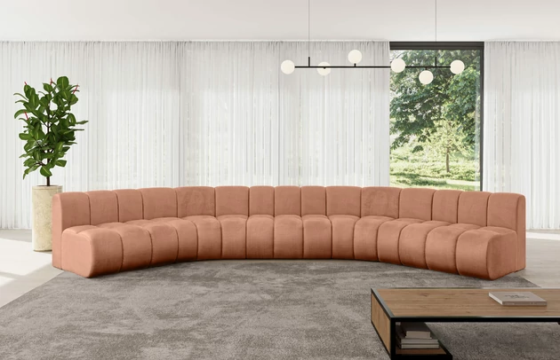 Bezug: Samt, Farbe: Apricot - Monolith 61, Stellvariante: U-Form, Stoffbeschreibung: MONOLITH: Wasserabweisender und leicht zu reinigender Möbelstoff, scheuerfest (100.000 Martindale-Zyklen) lichtecht (5) und pillingarm (4-5), aus 100 % PES, Gewicht 330 g/m2 ±5 %, Materialzusammensetzung: 100% Polyseter, Pilling Resistenz: 4, Abriebfestigkeit: 5, Scheuerbeständigkeit: 100000 Martindale-Zyklen, Zimmer: Wohnzimmer, Tiefe: 174 cm, Breite: 490 cm, Höhe: 70 cm, Anzahl der Sitzflächen: 7, Sitzfüllung: Wellenfeder, Art der Rückenkissen: Rückenlehne - feste, Tiefe der Sitzfläche: 62 cm, Sitzhöhe: 40 cm, Schlaffunktion: Ohne Schlaffunktion - 1