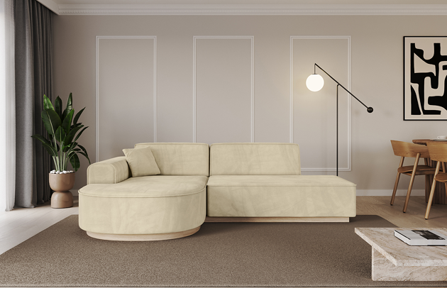 Bezug: Samt, Farbe: Beige - Dream Velvet 202.02, Stellvariante: Ottomane Links, Stoffbeschreibung: Polsterstoff Dream Velvet: Wasserabweisender und leicht zu reinigender Möbelstoff, scheuerfest (30.000 Martindale-Zyklen) lichtecht (6) und pillingarm (4-5), aus 100 % PES, Gewicht 360 g/m2 ±5 %, Materialzusammensetzung: 100% Polyseter, Pilling Resistenz: 4-5, Abriebfestigkeit: 5, Scheuerbeständigkeit: 30000 Martindale-Zyklen, Zimmer: Wohnzimmer, Tiefe: 171 cm, Breite: 243 cm, Höhe: 83 cm, Anzahl der Sitzflächen: 4, Art der Rückenkissen: Rückenlehne - feste, Annzahl der Sitzkissen: 2, Anzahl der Zierkissen: 1, Tiefe der Armlehnen: 82 cm, Breite der Armlehnen: 20 cm, Höhe der Armlehnen: 58 cm, Breite der Ottomane: 109 cm, Tiefe der Ottomane: 151 cm, Tiefe der Sitzfläche: 62 cm, Sitzhöhe: 47 cm, Schlaffunktion: Ohne Schlaffunktion - 1