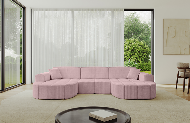 Bezug: Cord, Farbe: Rosa - Poso 145, Stellvariante: U-Form, Stoffbeschreibung: POSO ist ein angenehm anzufühlender Velours mit Kordstruktur (35000 MartindaleZyklen) und leicht zu reinigender Möbellstoff, lichtecht (5) und pillingarm (5), Gewicht 380 g/m2 ±5%, Materialzusammensetzung: 90% Polyseter, 10% Nylon, Pilling Resistenz: 5, Abriebfestigkeit: 5, Scheuerbeständigkeit: 30000 Martindale-Zyklen, Ausstattung: Kissen, Zimmer: Wohnzimmer, Tiefe: 173 cm, Breite: 315 cm, Höhe: 79,5 cm, Anzahl der Sitzflächen: 4, Sitzfüllung: Wellenfeder + HR35 und T30-Schaum, Art der Rückenkissen: Rückenlehne - feste, Annzahl der Sitzkissen: 3, Anzahl der Zierkissen: 2, Breite der Armlehnen: 28 cm, Höhe der Armlehnen: 58 cm, Breite der Ottomane: 115 cm, Tiefe der Ottomane: 151 cm, Tiefe der Sitzfläche: 62 cm, Sitzhöhe: 43,5 cm, Schlaffunktion: Ohne Schlaffunktion - 1