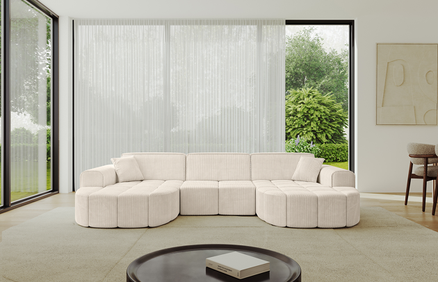 Bezug: Cord, Farbe: Beige - Poso 105, Stellvariante: U-Form, Stoffbeschreibung: POSO ist ein angenehm anzufühlender Velours mit Kordstruktur (35000 MartindaleZyklen) und leicht zu reinigender Möbellstoff, lichtecht (5) und pillingarm (5), Gewicht 380 g/m2 ±5%, Materialzusammensetzung: 90% Polyseter, 10% Nylon, Pilling Resistenz: 5, Abriebfestigkeit: 5, Scheuerbeständigkeit: 30000 Martindale-Zyklen, Ausstattung: Kissen, Zimmer: Wohnzimmer, Tiefe: 173 cm, Breite: 315 cm, Höhe: 79,5 cm, Anzahl der Sitzflächen: 4, Sitzfüllung: Wellenfeder + HR35 und T30-Schaum, Art der Rückenkissen: Rückenlehne - feste, Annzahl der Sitzkissen: 3, Anzahl der Zierkissen: 2, Breite der Armlehnen: 28 cm, Höhe der Armlehnen: 58 cm, Breite der Ottomane: 115 cm, Tiefe der Ottomane: 151 cm, Tiefe der Sitzfläche: 62 cm, Sitzhöhe: 43,5 cm, Schlaffunktion: Ohne Schlaffunktion - 1