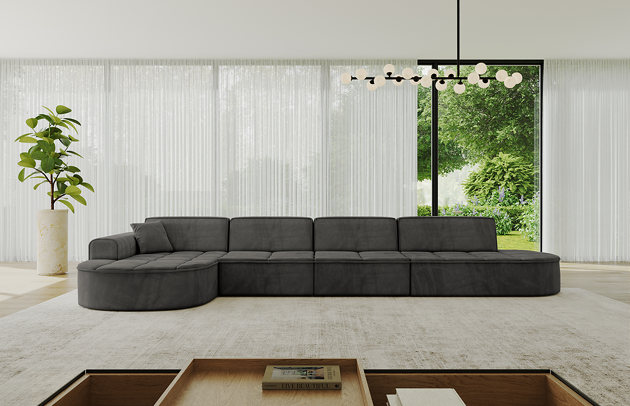 Bezug: Samt, Farbe: Dunkelgrau - Dream Velvet 202.13, Stellvariante: Ottomane Links, Stoffbeschreibung: Polsterstoff Dream Velvet: Wasserabweisender und leicht zu reinigender Möbelstoff, scheuerfest (30.000 Martindale-Zyklen) lichtecht (6) und pillingarm (4-5), aus 100 % PES, Gewicht 360 g/m2 ±5 %, Materialzusammensetzung: 100% Polyseter, Pilling Resistenz: 4.maj, Abriebfestigkeit: 5, Scheuerbeständigkeit: 30000 Martindale-Zyklen, Ausstattung: Zierkissen, Zimmer: Wohnzimmer, Tiefe: 171 cm, Breite: 413 cm, Höhe: 79,5 cm, Anzahl der Sitzflächen: 5, Sitzfüllung: Wellenfeder + HR35 und T30-Schaum, Art der Rückenkissen: Rückenlehne - feste, Annzahl der Sitzkissen: 4, Anzahl der Zierkissen: 1, Breite der Armlehnen: 20 cm, Höhe der Armlehnen: 58 cm, Breite der Ottomane: 109 cm, Tiefe der Ottomane: 151 cm, Tiefe der Sitzfläche: 62 cm, Sitzhöhe: 43,5 cm, Schlaffunktion: Ohne Schlaffunktion - 1