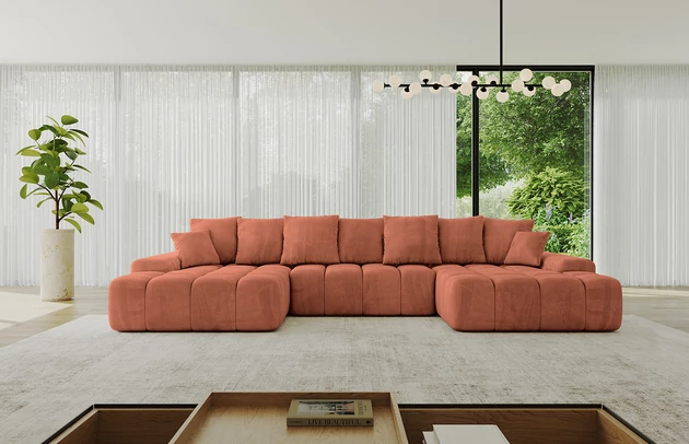 Bezug: Samt, Farbe: Apricot - Dream Velvet 202.07, Stellvariante: U-Form, Stoffbeschreibung: Polsterstoff Dream Velvet: Wasserabweisender und leicht zu reinigender Möbelstoff, scheuerfest (30.000 Martindale-Zyklen) lichtecht (6) und pillingarm (4-5), aus 100 % PES, Gewicht 360 g/m2 ±5 %, Materialzusammensetzung: 100% Polyseter, Pilling Resistenz: 4, Abriebfestigkeit: 5, Scheuerbeständigkeit: 100000 Martindale-Zyklen, Zimmer: Wohnzimmer, Tiefe: 164 cm, Breite: 353 cm, Höhe: 69 cm, Länge der Schlaffläche: 297 cm, Breite der Schlaffläche: 119-cm, Liegehöhe: 38 cm, Anzahl der Sitzflächen: 6, Sitzfüllung: Wellenfeder + HR35 und T30-Schaum, Anzahl der Rückenkissen: 7, Art der Rückenkissen: Rückenkissen, Annzahl der Sitzkissen: 3, Anzahl der Zierkissen: 2, Material der Füße: Kunststoff, Höhe der Füße: 1 cm, Farbe der Füße: Schwarz, Breite der Armlehnen: 25 cm, Breite der Ottomane: 111 cm, Tiefe der Ottomane: 125 cm, Tiefe der Sitzfläche: 47 cm, Sitzhöhe: 38 cm, Art des Stauraumes: Innenfach geschlossen - 1