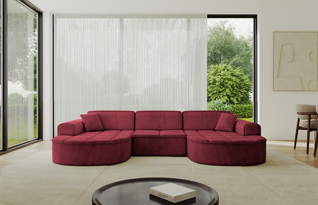 Bezug: Samt, Farbe: Bordeauxrot - Dream Velvet 202.11, Stellvariante: U-Form, Stoffbeschreibung: Polsterstoff Dream Velvet: Wasserabweisender und leicht zu reinigender Möbelstoff, scheuerfest (30.000 Martindale-Zyklen) lichtecht (6) und pillingarm (4-5), aus 100 % PES, Gewicht 360 g/m2 ±5 %, Materialzusammensetzung: 100% Polyseter, Pilling Resistenz: 4.maj, Abriebfestigkeit: 5, Scheuerbeständigkeit: 30000 Martindale-Zyklen, Ausstattung: Zierkissen, Zimmer: Wohnzimmer, Tiefe: 171 cm, Breite: 303 cm, Höhe: 79,5 cm, Anzahl der Sitzflächen: 4, Sitzfüllung: Wellenfeder + HR35 und T30-Schaum, Art der Rückenkissen: Rückenlehne - feste, Annzahl der Sitzkissen: 3, Anzahl der Zierkissen: 2, Breite der Armlehnen: 20 cm, Höhe der Armlehnen: 58 cm, Breite der Ottomane: 109 cm, Tiefe der Ottomane: 151 cm, Tiefe der Sitzfläche: 62 cm, Sitzhöhe: 43,5 cm, Schlaffunktion: Ohne Schlaffunktion - 1
