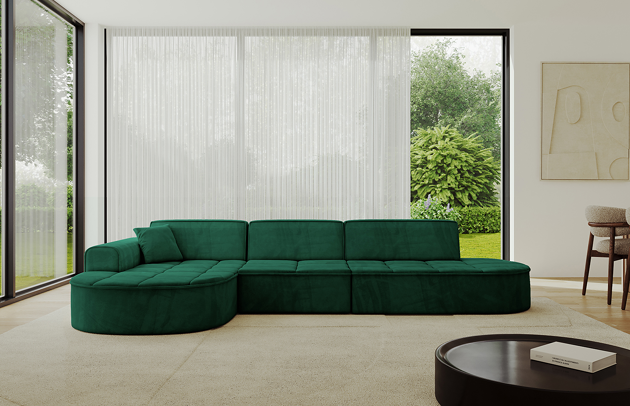 Bezug: Samt, Farbe: Dunkelgrün - Dream Velvet 202.31, Stellvariante: Ottomane Links, Stoffbeschreibung: Polsterstoff Dream Velvet: Wasserabweisender und leicht zu reinigender Möbelstoff, scheuerfest (30.000 Martindale-Zyklen) lichtecht (6) und pillingarm (4-5), aus 100 % PES, Gewicht 360 g/m2 ±5 %, Materialzusammensetzung: 100% Polyseter, Pilling Resistenz: 4.maj, Abriebfestigkeit: 5, Scheuerbeständigkeit: 30000 Martindale-Zyklen, Ausstattung: Zierkissen, Zimmer: Wohnzimmer, Tiefe: 171 cm, Breite: 328 cm, Höhe: 79,5 cm, Anzahl der Sitzflächen: 4, Sitzfüllung: Wellenfeder + HR35 und T30-Schaum, Art der Rückenkissen: Rückenlehne - feste, Annzahl der Sitzkissen: 3, Anzahl der Zierkissen: 1, Breite der Armlehnen: 20 cm, Höhe der Armlehnen: 58 cm, Breite der Ottomane: 109 cm, Tiefe der Ottomane: 151 cm, Tiefe der Sitzfläche: 62 cm, Sitzhöhe: 43,5 cm, Schlaffunktion: Ohne Schlaffunktion - 1