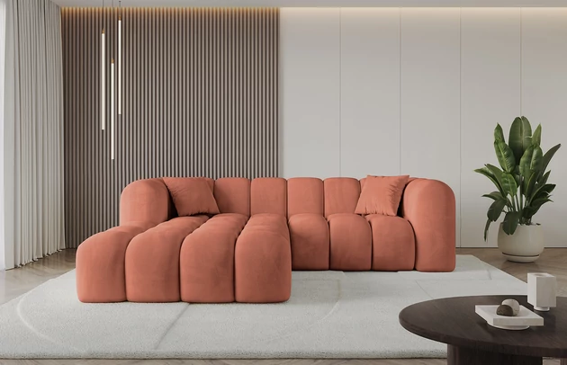 Bezug: Samt, Farbe: Apricot - Dream Velvet 202.07, Stellvariante: Ottomane Links, Stoffbeschreibung: Polsterstoff Dream Velvet: Wasserabweisender und leicht zu reinigender Möbelstoff, scheuerfest (30.000 Martindale-Zyklen) lichtecht(6), pillingarm(4-5), 100 % PES, 360 g/m2±5%, Materialzusammensetzung: 100% Polyseter, Pilling Resistenz: 5, Abriebfestigkeit: 5, Scheuerbeständigkeit: 30000 Martindale-Zyklen, Ausstattung: Kissen, Zimmer: Wohnzimmer, Tiefe: 173 cm, Breite: 231 cm, Höhe: 74 cm, Anzahl der Sitzflächen: 5, Sitzfüllung: Wellenfeder + HR35 und T30-Schaum, Art der Rückenkissen: Rückenlehne - feste, Annzahl der Sitzkissen: 2, Anzahl der Zierkissen: 2, Tiefe der Armlehnen: 88 cm, Breite der Armlehnen: 29 cm, Höhe der Armlehnen: 74 cm, Breite der Ottomane: 119 cm, Tiefe der Ottomane: 150 cm, Tiefe der Sitzfläche: 65 cm, Sitzhöhe: 44 cm - 1