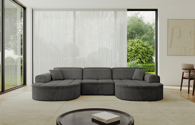 Bezug: Samt, Farbe: Dunkelgrau - Dream Velvet 202.13, Stellvariante: U-Form, Stoffbeschreibung: Polsterstoff Dream Velvet: Wasserabweisender und leicht zu reinigender Möbelstoff, scheuerfest (30.000 Martindale-Zyklen) lichtecht (6) und pillingarm (4-5), aus 100 % PES, Gewicht 360 g/m2 ±5 %, Materialzusammensetzung: 100% Polyseter, Pilling Resistenz: 4.maj, Abriebfestigkeit: 5, Scheuerbeständigkeit: 30000 Martindale-Zyklen, Ausstattung: Zierkissen, Zimmer: Wohnzimmer, Tiefe: 171 cm, Breite: 303 cm, Höhe: 79,5 cm, Anzahl der Sitzflächen: 4, Sitzfüllung: Wellenfeder + HR35 und T30-Schaum, Art der Rückenkissen: Rückenlehne - feste, Annzahl der Sitzkissen: 3, Anzahl der Zierkissen: 2, Breite der Armlehnen: 20 cm, Höhe der Armlehnen: 58 cm, Breite der Ottomane: 109 cm, Tiefe der Ottomane: 151 cm, Tiefe der Sitzfläche: 62 cm, Sitzhöhe: 43,5 cm, Schlaffunktion: Ohne Schlaffunktion - 1