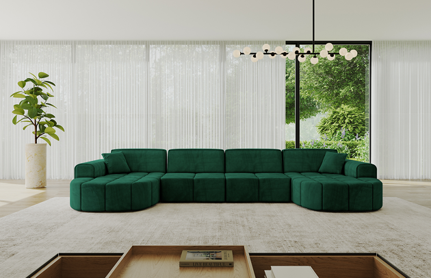 Bezug: Samt, Farbe: Dunkelgrün - Dream Velvet 202.31, Stellvariante: U-Form, Stoffbeschreibung: Polsterstoff Dream Velvet: Wasserabweisender und leicht zu reinigender Möbelstoff, scheuerfest (30.000 Martindale-Zyklen) lichtecht (6) und pillingarm (4-5), aus 100 % PES, Gewicht 360 g/m2 ±5 %, Materialzusammensetzung: 100% Polyseter, Pilling Resistenz: 4-5, Abriebfestigkeit: 5, Scheuerbeständigkeit: 30000 Martindale-Zyklen, Ausstattung: Kissen, Zimmer: Wohnzimmer, Tiefe: 173 cm, Breite: 400 cm, Höhe: 79,5 cm, Anzahl der Sitzflächen: 6, Sitzfüllung: Wellenfeder + HR35 und T30-Schaum, Art der Rückenkissen: Rückenlehne - feste, Annzahl der Sitzkissen: 4, Anzahl der Zierkissen: 2, Breite der Armlehnen: 28 cm, Höhe der Armlehnen: 58 cm, Breite der Ottomane: 115 cm, Tiefe der Ottomane: 151 cm, Tiefe der Sitzfläche: 62 cm, Sitzhöhe: 43,5 cm, Schlaffunktion: Ohne Schlaffunktion - 1