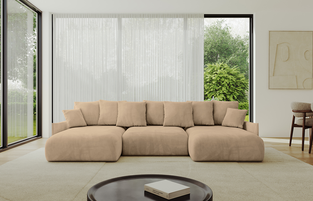 Bezug: Samt, Farbe: Beige - Kronos 35, Stellvariante: U-Form, Stoffbeschreibung: KRONOS: Scheuerfester (50.000 Martindale-Zyklen), flauschiger Möbelstoff mit weicher Plüschoberfläche, lichtecht (5), reibecht (4-5), pillingarm (4). Gewicht 275 g/m2 ±5%., Materialzusammensetzung: 100% Polyseter, Pilling Resistenz: 5, Abriebfestigkeit: 5, Scheuerbeständigkeit: 50000 Martindale-Zyklen, Ausstattung: Kissen, Zimmer: Wohnzimmer, Tiefe: 177 cm, Breite: 317 cm, Höhe: 72 cm, Länge der Schlaffläche: 303 cm, Breite der Schlaffläche: 158 cm, Liegehöhe: 42 cm, Anzahl der Sitzflächen: 6, Anzahl der Rückenkissen: 7, Art der Rückenkissen: Rückenkissen, Annzahl der Sitzkissen: 3, Anzahl der Zierkissen: 2, Material der Füße: Kunststoff, Höhe der Füße: 5 cm, Farbe der Füße: Schwarz, Tiefe der Armlehnen: 123 cm, Breite der Armlehnen: 7 cm, Höhe der Armlehnen: 50 cm, Breite der Ottomane: 101 cm, Tiefe der Ottomane: 158 cm, Tiefe der Sitzfläche: 114 cm, Sitzhöhe: 42 cm, Art des Stauraumes: Innenfach geschlossen, Schlaffunktion: Mit Schlaffunktion - 1