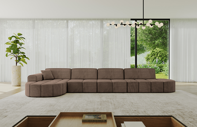 Bezug: Samt, Farbe: Braun - Dream Velvet 202.37, Stellvariante: Ottomane Links, Stoffbeschreibung: Polsterstoff Dream Velvet: Wasserabweisender und leicht zu reinigender Möbelstoff, scheuerfest (30.000 Martindale-Zyklen) lichtecht (6) und pillingarm (4-5), aus 100 % PES, Gewicht 360 g/m2 ±5 %, Materialzusammensetzung: 100% Polyseter, Pilling Resistenz: 4-5, Abriebfestigkeit: 5, Scheuerbeständigkeit: 30000 Martindale-Zyklen, Ausstattung: Kissen, Zimmer: Wohnzimmer, Tiefe: 173 cm, Breite: 422 cm, Höhe: 79,5 cm, Anzahl der Sitzflächen: 5, Sitzfüllung: Wellenfeder + HR35 und T30-Schaum, Art der Rückenkissen: Rückenlehne - feste, Annzahl der Sitzkissen: 4, Anzahl der Zierkissen: 1, Breite der Armlehnen: 28 cm, Höhe der Armlehnen: 58 cm, Breite der Ottomane: 115 cm, Tiefe der Ottomane: 151 cm, Tiefe der Sitzfläche: 62 cm, Sitzhöhe: 43,5 cm, Schlaffunktion: Ohne Schlaffunktion - 1