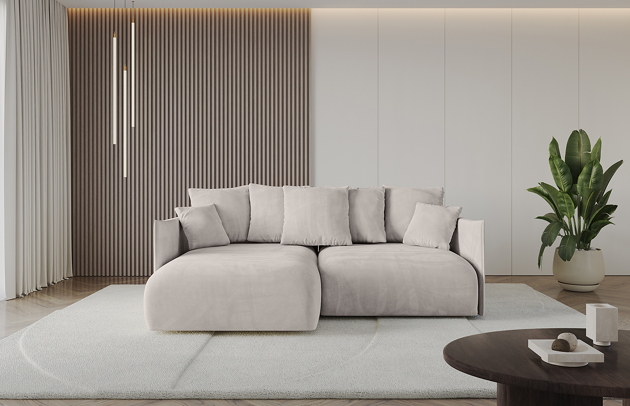 Bezug: Samt, Farbe: Hellbraun - Paros 02, Stellvariante: Ottomane Links, Stoffbeschreibung: PAROS ist ein sehr weicher Möbelstoff mit einer angenehmen Haptik. (50.000 Martindale-Zyklen) 100 % PES, pillingarm(4-5), reibecht(4-5), lichtecht(6|7), Gewicht 260 g/m² ±5 %, Materialzusammensetzung: 100% Polyseter, Pilling Resistenz: 5, Abriebfestigkeit: 4, Scheuerbeständigkeit: 50000 Martindale-Zyklen, Ausstattung: Kissen, Zimmer: Wohnzimmer, Tiefe: 177 cm, Breite: 216 cm, Höhe: 72 cm, Länge der Schlaffläche: 202 cm, Breite der Schlaffläche: 158-cm, Liegehöhe: 42 cm, Anzahl der Sitzflächen: 4, Sitzfüllung: Wellenfeder + HR35 und T30-Schaum, Anzahl der Rückenkissen: 5, Art der Rückenkissen: Rückenkissen, Annzahl der Sitzkissen: 2, Anzahl der Zierkissen: 2, Tiefe der Armlehnen: 123 cm, Breite der Armlehnen: 7 cm, Höhe der Armlehnen: 60 cm, Breite der Ottomane: 101 cm, Tiefe der Ottomane: 158 cm, Tiefe der Sitzfläche: 114 cm, Sitzhöhe: 42 cm, Art des Stauraumes: Innenfach geschlossen, Material der Füße: Kunststoff, Höhe der Füße: 5 cm, Farbe der Füße: Schwarz - 1