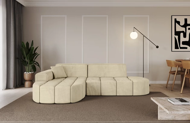 Bezug: Samt, Farbe: Beige - Dream Velvet 202.02, Stellvariante: Ottomane Links, Stoffbeschreibung: Polsterstoff Dream Velvet: Wasserabweisender und leicht zu reinigender Möbelstoff, scheuerfest (30.000 Martindale-Zyklen) lichtecht (6) und pillingarm (4-5), aus 100 % PES, Gewicht 360 g/m2 ±5 %, Materialzusammensetzung: 100% Polyseter, Pilling Resistenz: 4-5, Abriebfestigkeit: 5, Scheuerbeständigkeit: 30000 Martindale-Zyklen, Ausstattung: Kissen, Zimmer: Wohnzimmer, Tiefe: 173 cm, Breite: 252 cm, Höhe: 79,5 cm, Anzahl der Sitzflächen: 3, Sitzfüllung: Wellenfeder + HR35 und T30-Schaum, Art der Rückenkissen: Rückenlehne - feste, Annzahl der Sitzkissen: 2, Anzahl der Zierkissen: 1, Breite der Armlehnen: 28 cm, Höhe der Armlehnen: 58 cm, Breite der Ottomane: 115 cm, Tiefe der Ottomane: 151 cm, Tiefe der Sitzfläche: 62 cm, Sitzhöhe: 43,5 cm, Schlaffunktion: Ohne Schlaffunktion - 1