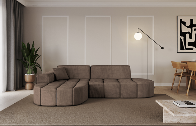 Bezug: Samt, Farbe: Braun - Dream Velvet 202.37, Stellvariante: Ottomane Links, Stoffbeschreibung: Polsterstoff Dream Velvet: Wasserabweisender und leicht zu reinigender Möbelstoff, scheuerfest (30.000 Martindale-Zyklen) lichtecht (6) und pillingarm (4-5), aus 100 % PES, Gewicht 360 g/m2 ±5 %, Materialzusammensetzung: 100% Polyseter, Pilling Resistenz: 4-5, Abriebfestigkeit: 5, Scheuerbeständigkeit: 30000 Martindale-Zyklen, Ausstattung: Kissen, Zimmer: Wohnzimmer, Tiefe: 173 cm, Breite: 252 cm, Höhe: 79,5 cm, Anzahl der Sitzflächen: 3, Sitzfüllung: Wellenfeder + HR35 und T30-Schaum, Art der Rückenkissen: Rückenlehne - feste, Annzahl der Sitzkissen: 2, Anzahl der Zierkissen: 1, Breite der Armlehnen: 28 cm, Höhe der Armlehnen: 58 cm, Breite der Ottomane: 115 cm, Tiefe der Ottomane: 151 cm, Tiefe der Sitzfläche: 62 cm, Sitzhöhe: 43,5 cm, Schlaffunktion: Ohne Schlaffunktion - 1