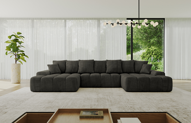Bezug: Samt, Farbe: Schwarz - Dream Velvet 202.12, Stellvariante: U-Form, Stoffbeschreibung: Polsterstoff Dream Velvet: Wasserabweisender und leicht zu reinigender Möbelstoff, scheuerfest (30.000 Martindale-Zyklen) lichtecht (6) und pillingarm (4-5), aus 100 % PES, Gewicht 360 g/m2 ±5 %, Materialzusammensetzung: 100% Polyseter, Pilling Resistenz: 4, Abriebfestigkeit: 5, Scheuerbeständigkeit: 100000 Martindale-Zyklen, Zimmer: Wohnzimmer, Tiefe: 164 cm, Breite: 353 cm, Höhe: 69 cm, Länge der Schlaffläche: 297 cm, Breite der Schlaffläche: 119 cm, Liegehöhe: 38 cm, Anzahl der Sitzflächen: 6, Sitzfüllung: Wellenfeder + HR35 und T30-Schaum, Anzahl der Rückenkissen: 7, Art der Rückenkissen: Rückenkissen, Annzahl der Sitzkissen: 3, Anzahl der Zierkissen: 2, Material der Füße: Kunststoff, Höhe der Füße: 1 cm, Farbe der Füße: Schwarz, Breite der Armlehnen: 25 cm, Breite der Ottomane: 111 cm, Tiefe der Ottomane: 125 cm, Tiefe der Sitzfläche: 47 cm, Sitzhöhe: 38 cm, Art des Stauraumes: Innenfach geschlossen, Schlaffunktion: Mit Schlaffunktion - 1