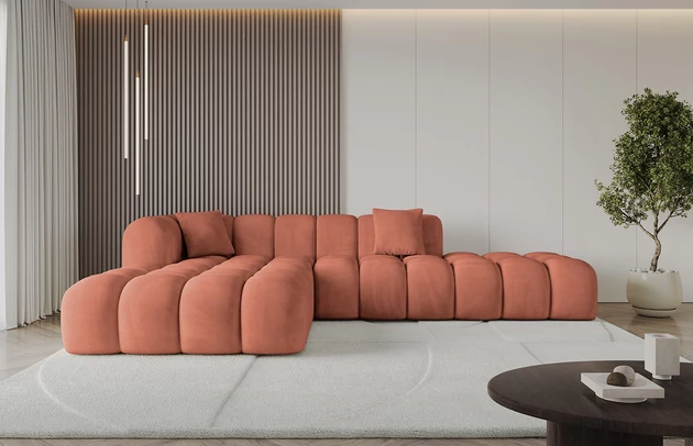 Bezug: Samt, Farbe: Apricot - Dream Velvet 202.07, Stellvariante: Ottomane Links, Stoffbeschreibung: Polsterstoff Dream Velvet: Wasserabweisender und leicht zu reinigender Möbelstoff, scheuerfest (30.000 Martindale-Zyklen) lichtecht(6), pillingarm(4-5), 100 % PES, 360 g/m2±5%, Materialzusammensetzung: 100% Polyseter, Pilling Resistenz: 5, Abriebfestigkeit: 5, Scheuerbeständigkeit: 30000 Martindale-Zyklen, Ausstattung: Kissen, Zimmer: Wohnzimmer, Tiefe: 176 cm, Breite: 289 cm, Höhe: 71 cm, Anzahl der Sitzflächen: 6, Sitzfüllung: Wellenfeder + HR35 und T30-Schaum, Art der Rückenkissen: Rückenlehne - feste, Annzahl der Sitzkissen: 2, Anzahl der Zierkissen: 2, Tiefe der Armlehnen: 91 cm, Breite der Armlehnen: 28,5 cm, Höhe der Armlehnen: 71 cm, Breite der Ottomane: 118 cm, Tiefe der Ottomane: 145 cm, Tiefe der Sitzfläche: 60 cm, Sitzhöhe: 44 cm - 1