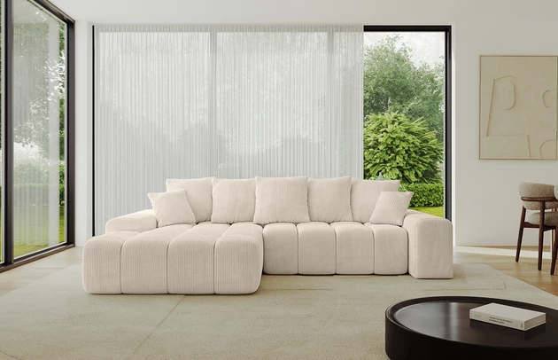 Bezug: Cord, Farbe: Beige - Poso 105, Stellvariante: Ottomane Links, Stoffbeschreibung: POSO ist ein angenehm anzufühlender Velours mit Kordstruktur (35000 MartindaleZyklen) und leicht zu reinigender Möbellstoff, lichtecht (5) und pillingarm (5), Gewicht 380 g/m2 ±5%, Materialzusammensetzung: 90% Polyseter, 10% Nylon, Pilling Resistenz: 5, Abriebfestigkeit: 4, Scheuerbeständigkeit: 30000 Martindale-Zyklen, Zimmer: Wohnzimmer, Tiefe: 164 cm, Breite: 267 cm, Höhe: 69 cm, Länge der Schlaffläche: 214 cm, Breite der Schlaffläche: 119-cm, Liegehöhe: 38 cm, Anzahl der Sitzflächen: 4, Sitzfüllung: Wellenfeder + HR35 und T30-Schaum, Anzahl der Rückenkissen: 5, Art der Rückenkissen: Rückenkissen, Annzahl der Sitzkissen: 2, Anzahl der Zierkissen: 2, Material der Füße: Kunststoff, Höhe der Füße: 1 cm, Farbe der Füße: Schwarz, Breite der Armlehnen: 25 cm, Breite der Ottomane: 111 cm, Tiefe der Ottomane: 125 cm, Tiefe der Sitzfläche: 47 cm, Sitzhöhe: 38 cm, Art des Stauraumes: Innenfach geschlossen - 1