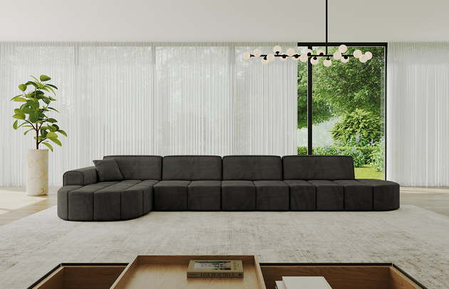 Bezug: Samt, Farbe: Schwarz - Dream Velvet 202.12, Stellvariante: Ottomane Links, Stoffbeschreibung: Polsterstoff Dream Velvet: Wasserabweisender und leicht zu reinigender Möbelstoff, scheuerfest (30.000 Martindale-Zyklen) lichtecht (6) und pillingarm (4-5), aus 100 % PES, Gewicht 360 g/m2 ±5 %, Materialzusammensetzung: 100% Polyseter, Pilling Resistenz: 4-5, Abriebfestigkeit: 5, Scheuerbeständigkeit: 30000 Martindale-Zyklen, Ausstattung: Kissen, Zimmer: Wohnzimmer, Tiefe: 173 cm, Breite: 422 cm, Höhe: 79,5 cm, Anzahl der Sitzflächen: 5, Sitzfüllung: Wellenfeder + HR35 und T30-Schaum, Art der Rückenkissen: Rückenlehne - feste, Annzahl der Sitzkissen: 4, Anzahl der Zierkissen: 1, Breite der Armlehnen: 28 cm, Höhe der Armlehnen: 58 cm, Breite der Ottomane: 115 cm, Tiefe der Ottomane: 151 cm, Tiefe der Sitzfläche: 62 cm, Sitzhöhe: 43,5 cm, Schlaffunktion: Ohne Schlaffunktion - 1