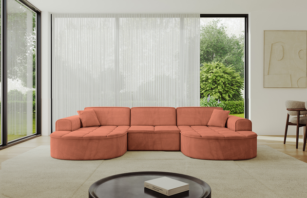 Bezug: Samt, Farbe: Apricot - Dream Velvet 202.07, Stellvariante: U-Form, Stoffbeschreibung: Polsterstoff Dream Velvet: Wasserabweisender und leicht zu reinigender Möbelstoff, scheuerfest (30.000 Martindale-Zyklen) lichtecht (6) und pillingarm (4-5), aus 100 % PES, Gewicht 360 g/m2 ±5 %, Materialzusammensetzung: 100% Polyseter, Pilling Resistenz: 4.maj, Abriebfestigkeit: 5, Scheuerbeständigkeit: 30000 Martindale-Zyklen, Ausstattung: Zierkissen, Zimmer: Wohnzimmer, Tiefe: 171 cm, Breite: 303 cm, Höhe: 79,5 cm, Anzahl der Sitzflächen: 4, Sitzfüllung: Wellenfeder + HR35 und T30-Schaum, Art der Rückenkissen: Rückenlehne - feste, Annzahl der Sitzkissen: 3, Anzahl der Zierkissen: 2, Breite der Armlehnen: 20 cm, Höhe der Armlehnen: 58 cm, Breite der Ottomane: 109 cm, Tiefe der Ottomane: 151 cm, Tiefe der Sitzfläche: 62 cm, Sitzhöhe: 43,5 cm, Schlaffunktion: Ohne Schlaffunktion - 1