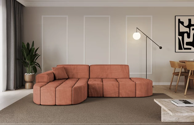 Bezug: Samt, Farbe: Apricot - Dream Velvet 202.07, Stellvariante: Ottomane Links, Stoffbeschreibung: Polsterstoff Dream Velvet: Wasserabweisender und leicht zu reinigender Möbelstoff, scheuerfest (30.000 Martindale-Zyklen) lichtecht (6) und pillingarm (4-5), aus 100 % PES, Gewicht 360 g/m2 ±5 %, Materialzusammensetzung: 100% Polyseter, Pilling Resistenz: 4-5, Abriebfestigkeit: 5, Scheuerbeständigkeit: 30000 Martindale-Zyklen, Ausstattung: Kissen, Zimmer: Wohnzimmer, Tiefe: 173 cm, Breite: 252 cm, Höhe: 79,5 cm, Anzahl der Sitzflächen: 3, Sitzfüllung: Wellenfeder + HR35 und T30-Schaum, Art der Rückenkissen: Rückenlehne - feste, Annzahl der Sitzkissen: 2, Anzahl der Zierkissen: 1, Breite der Armlehnen: 28 cm, Höhe der Armlehnen: 58 cm, Breite der Ottomane: 115 cm, Tiefe der Ottomane: 151 cm, Tiefe der Sitzfläche: 62 cm, Sitzhöhe: 43,5 cm, Schlaffunktion: Ohne Schlaffunktion - 1