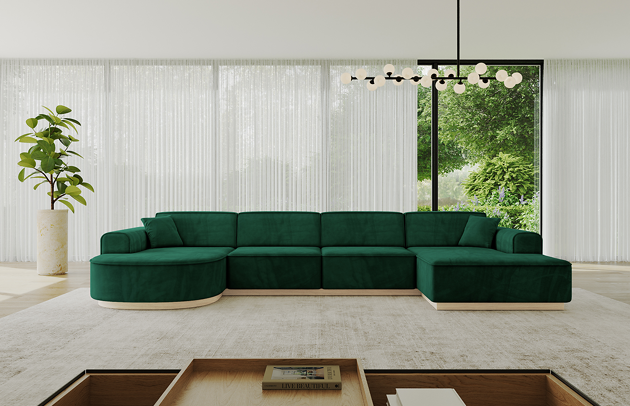 Bezug: Samt, Farbe: Grün - Dream Velvet 202.31, Stellvariante: U-Form, Stoffbeschreibung: Polsterstoff Dream Velvet: Wasserabweisender und leicht zu reinigender Möbelstoff, scheuerfest (30.000 Martindale-Zyklen) lichtecht (6) und pillingarm (4-5), aus 100 % PES, Gewicht 360 g/m2 ±5 %, Materialzusammensetzung: 100% Polyseter, Pilling Resistenz: 4, Abriebfestigkeit: 4, Scheuerbeständigkeit: 100000 Martindale-Zyklen, Ausstattung: Kissen, Zimmer: Wohnzimmer, Tiefe: 171 cm, Breite: 388 cm, Höhe: 83 cm, Anzahl der Sitzflächen: 6, Sitzfüllung: Wellenfeder + HR35 und T30-Schaum, Art der Rückenkissen: Rückenlehne - feste, Annzahl der Sitzkissen: 3, Anzahl der Zierkissen: 2, Breite der Armlehnen: 20 cm, Höhe der Armlehnen: 58 cm, Breite der Ottomane: 109 cm, Tiefe der Ottomane: 151 cm, Tiefe der Sitzfläche: 62 cm, Sitzhöhe: 47 cm, Schlaffunktion: Ohne Schlaffunktion - 1