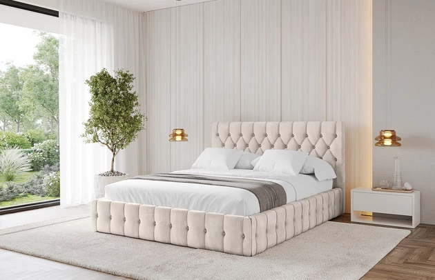 Bezug: Samt, Farbe: Beige - Casablanca 2301, Stoffbeschreibung: Polsterstoff Casablanca: „Pet-friendly“, leicht zu reinigen (CleanBOO+), wasserabweisend mit Lotuseffekt, scheuerfest (45.000 Martindale- Zyklen), Gewicht 310g/m2 ±5 %, Zimmer: Schlafzimmer, Länge: 215 cm, Breite: 136 cm, Höhe: 105 cm, Größe: 120x200 cm, Länge der Schlaffläche: 200 cm, Breite der Schlaffläche: 120 cm, Liegehöhe: 48 cm, Matratze: Mit H3 / H4 Taschenfederkern Matratze, Höhe der Matratze: 25 cm, Matratzentyp: Taschenfederkernmatratze, Bettkasten: Ja, Anzahl der Bettkasten: 1, Höhe der Bettkasten: 30 cm, Höhe des Kopfteils: 105 cm, Dicke des Kopfteils: 8 cm, Gepolsterte Rückseite: Nein - 1