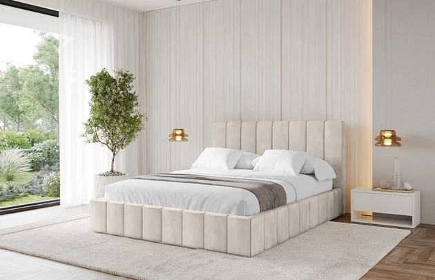 Bezug: Samt, Farbe: Beige - Casablanca 2301, Stoffbeschreibung: Polsterstoff Casablanca: „Pet-friendly“, leicht zu reinigen (CleanBOO+), wasserabweisend mit Lotuseffekt, scheuerfest (45.000 Martindale- Zyklen), Gewicht 310g/m2 ±5 %, Zimmer: Schlafzimmer, Länge: 215 cm, Breite: 136 cm, Höhe: 105 cm, Größe: 120x200 cm, Länge der Schlaffläche: 200 cm, Breite der Schlaffläche: 120 cm, Liegehöhe: 48 cm, Matratze: Mit H3 / H4 Taschenfederkern Matratze, Höhe der Matratze: 25 cm, Matratzentyp: Taschenfederkernmatratze, Bettkasten: Ja, Anzahl der Bettkasten: 1, Höhe der Bettkasten: 30 cm, Höhe des Kopfteils: 105 cm, Dicke des Kopfteils: 8 cm, Gepolsterte Rückseite: Nein - 1