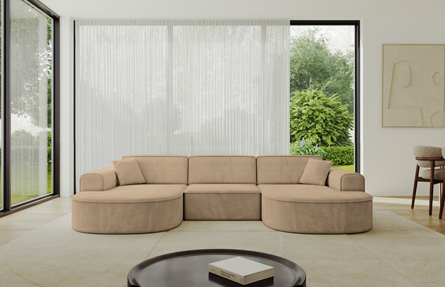 Bezug: Samt, Farbe: Beige - Kronos 35, Stellvariante: U-Form, Stoffbeschreibung: KRONOS: Scheuerfester (50.000 Martindale-Zyklen), flauschiger Möbelstoff mit weicher Plüschoberfläche, lichtecht (5), reibecht (4-5), pillingarm (4). Gewicht 275 g/m2 ±5%., Materialzusammensetzung: 100% Polyseter, Pilling Resistenz: 5, Abriebfestigkeit: 5, Scheuerbeständigkeit: 50000 Martindale-Zyklen, Ausstattung: Kissen, Zimmer: Wohnzimmer, Tiefe: 171 cm, Breite: 303 cm, Höhe: 79,5 cm, Schlaffunktion: Ohne Schlaffunktion, Länge der Schlaffläche: Nicht zutreffend, Breite der Schlaffläche: Nicht zutreffend, Liegehöhe: Nicht zutreffend, Anzahl der Sitzflächen: 4, Sitzfüllung: Wellenfeder + HR35 und T30-Schaum, Art der Rückenkissen: Rückenlehne - feste, Annzahl der Sitzkissen: 3, Anzahl der Zierkissen: 2, Breite der Armlehnen: 20 cm, Höhe der Armlehnen: 58 cm, Breite der Ottomane: 109 cm, Tiefe der Ottomane: 151 cm, Tiefe der Sitzfläche: 62 cm, Sitzhöhe: 43,5 cm - 1