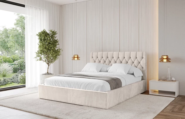 Bezug: Samt, Farbe: Beige - Casablanca 2301, Stoffbeschreibung: Polsterstoff Casablanca: „Pet-friendly“, leicht zu reinigen (CleanBOO+), wasserabweisend mit Lotuseffekt, scheuerfest (45.000 Martindale- Zyklen), Gewicht 310g/m2 ±5 %, Zimmer: Schlafzimmer, Länge: 215 cm, Breite: 136 cm, Höhe: 105 cm, Größe: 120x200 cm, Länge der Schlaffläche: 200 cm, Breite der Schlaffläche: 120 cm, Liegehöhe: 48 cm, Matratze: Mit H3 / H4 Taschenfederkern Matratze, Höhe der Matratze: 25 cm, Matratzentyp: Taschenfederkernmatratze, Bettkasten: Ja, Anzahl der Bettkasten: 1, Höhe der Bettkasten: 30 cm, Höhe des Kopfteils: 105 cm, Dicke des Kopfteils: 8 cm, Gepolsterte Rückseite: Nein - 1