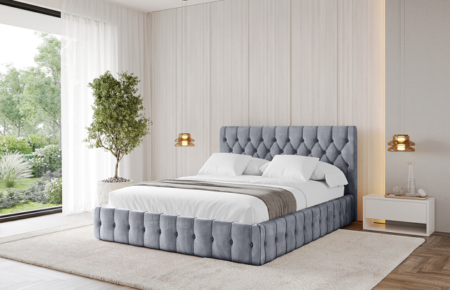 Bezug: Samt, Farbe: Grau - Casablanca 2314, Stoffbeschreibung: Polsterstoff Casablanca: „Pet-friendly“, leicht zu reinigen (CleanBOO+), wasserabweisend mit Lotuseffekt, scheuerfest (45.000 Martindale- Zyklen), Gewicht 310g/m2 ±5 %, Zimmer: Schlafzimmer, Länge: 215 cm, Breite: 156 cm, Höhe: 105 cm, Größe: 140x200 cm, Länge der Schlaffläche: 200 cm, Breite der Schlaffläche: 140 cm, Liegehöhe: 48 cm, Matratze: Mit H3 / H4 Taschenfederkern Matratze, Höhe der Matratze: 25 cm, Matratzentyp: Taschenfederkernmatratze, Bettkasten: Ja, Anzahl der Bettkasten: 1, Höhe der Bettkasten: 30 cm, Höhe des Kopfteils: 105 cm, Dicke des Kopfteils: 8 cm, Gepolsterte Rückseite: Nein - 1