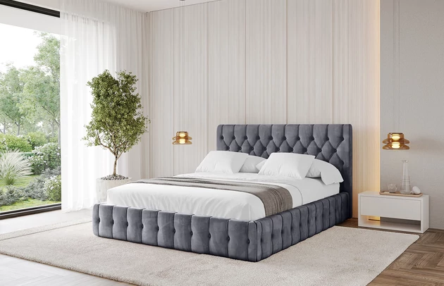 Bezug: Samt, Farbe: Dunkelgrau - Casablanca 2315, Stoffbeschreibung: Polsterstoff Casablanca: „Pet-friendly“, leicht zu reinigen (CleanBOO+), wasserabweisend mit Lotuseffekt, scheuerfest (45.000 Martindale- Zyklen), Gewicht 310g/m2 ±5 %, Zimmer: Schlafzimmer, Länge: 215 cm, Breite: 156 cm, Höhe: 105 cm, Größe: 140x200 cm, Länge der Schlaffläche: 200 cm, Breite der Schlaffläche: 140 cm, Liegehöhe: 48 cm, Matratze: Mit H3 / H4 Taschenfederkern Matratze, Höhe der Matratze: 25 cm, Matratzentyp: Taschenfederkernmatratze, Bettkasten: Ja, Anzahl der Bettkasten: 1, Höhe der Bettkasten: 30 cm, Höhe des Kopfteils: 105 cm, Dicke des Kopfteils: 8 cm, Gepolsterte Rückseite: Nein - 1