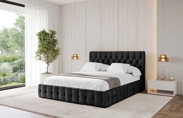 Bezug: Samt, Farbe: Schwarz - Casablanca 2316, Stoffbeschreibung: Polsterstoff Casablanca: „Pet-friendly“, leicht zu reinigen (CleanBOO+), wasserabweisend mit Lotuseffekt, scheuerfest (45.000 Martindale- Zyklen), Gewicht 310g/m2 ±5 %, Zimmer: Schlafzimmer, Länge: 215 cm, Breite: 136 cm, Höhe: 105 cm, Größe: 120x200 cm, Länge der Schlaffläche: 200 cm, Breite der Schlaffläche: 120 cm, Liegehöhe: 48 cm, Matratze: Mit H3 / H4 Taschenfederkern Matratze, Höhe der Matratze: 25 cm, Matratzentyp: Taschenfederkernmatratze, Bettkasten: Ja, Anzahl der Bettkasten: 1, Höhe der Bettkasten: 30 cm, Höhe des Kopfteils: 105 cm, Dicke des Kopfteils: 8 cm, Gepolsterte Rückseite: Nein - 1