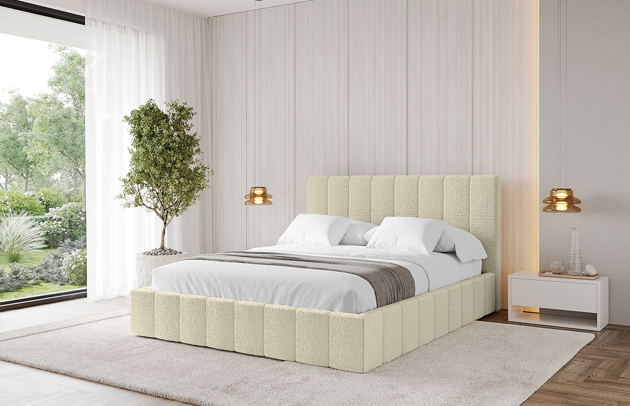 Bezug: Bouclé, Farbe: Beige - Quelle 02, Stoffbeschreibung: Polsterstoff Quelle: hochwertiger Bouclé Stoff, strapazierfähig, atmungsaktiv und pflegeleicht. (80.000 Martindale-Zyklen) 100 % PES, pillingarm(4-5), Gewicht 315 g/m² ±5 %, Zimmer: Schlafzimmer, Länge: 215 cm, Breite: 156 cm, Höhe: 105 cm, Größe: 140x200 cm, Länge der Schlaffläche: 200 cm, Breite der Schlaffläche: 140 cm, Liegehöhe: 48 cm, Matratze: Mit H3 / H4 Taschenfederkern Matratze, Höhe der Matratze: 25 cm, Matratzentyp: Taschenfederkernmatratze, Bettkasten: Ja, Anzahl der Bettkasten: 1, Höhe der Bettkasten: 30 cm, Höhe des Kopfteils: 105 cm, Dicke des Kopfteils: 8 cm, Gepolsterte Rückseite: Nein - 1