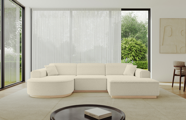 Bezug: Bouclé, Farbe: Beige - Quelle 02, Stellvariante: U-Form, Stoffbeschreibung: polsterstoff-quelle-hochwertiger-boucle-stoff-strapazierfahig-atmungsaktiv-und-pflegeleicht-80-000-martindale-zyklen-100-pes-pillingarm4-5-gewicht-315-g-m2-±5, Materialzusammensetzung: 100% Polyseter, Pilling Resistenz: 5, Abriebfestigkeit: 4, Scheuerbeständigkeit: 80000 Martindale-Zyklen, Ausstattung: Kissen, Zimmer: Wohnzimmer, Tiefe: 171 cm, Breite: 303 cm, Höhe: 83 cm, Anzahl der Sitzflächen: 4, Sitzfüllung: Wellenfeder + HR35 und T30-Schaum, Art der Rückenkissen: Rückenlehne - feste, Annzahl der Sitzkissen: 3, Anzahl der Zierkissen: 2, Breite der Armlehnen: 20 cm, Höhe der Armlehnen: 58 cm, Breite der Ottomane: 109 cm, Tiefe der Ottomane: 151 cm, Tiefe der Sitzfläche: 62 cm, Sitzhöhe: 47 cm, Schlaffunktion: Ohne Schlaffunktion - 1
