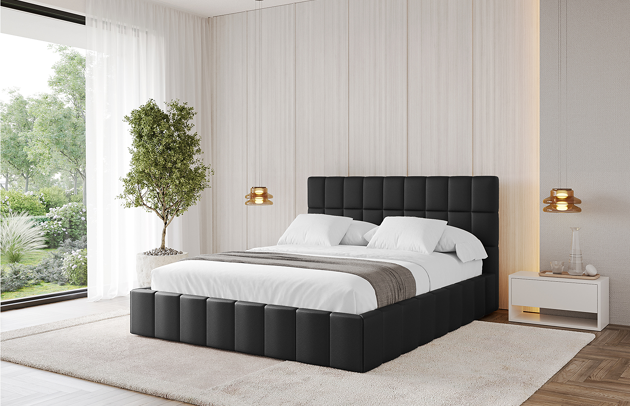 Bezug: Kunstleder, Farbe: Schwarz - Soft 11, Stoffbeschreibung: Polsterstoff SOFT:Leicht zu reinigendes Lederimitat. scheuerfest (100.000 Martindale-Zyklen). lichtecht (6). reibecht (4-5). 100%PU (Oberseite) + 75%PES mit 25%CO (Unterseite), Zimmer: Schlafzimmer, Länge: 215 cm, Breite: 156 cm, Höhe: 105 cm, Größe: 140x200 cm, Länge der Schlaffläche: 200 cm, Breite der Schlaffläche: 140 cm, Liegehöhe: 48 cm, Matratze: Mit H3 / H4 Taschenfederkern Matratze, Höhe der Matratze: 25 cm, Matratzentyp: Taschenfederkernmatratze, Bettkasten: Ja, Anzahl der Bettkasten: 1, Höhe der Bettkasten: 30 cm, Höhe des Kopfteils: 105 cm, Dicke des Kopfteils: 8 cm, Gepolsterte Rückseite: Nein - 1