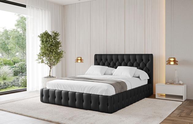 Bezug: Kunstleder, Farbe: Schwarz - Soft 11, Stoffbeschreibung: Polsterstoff SOFT:Leicht zu reinigendes Lederimitat. scheuerfest (100.000 Martindale-Zyklen). lichtecht (6). reibecht (4-5). 100%PU (Oberseite) + 75%PES mit 25%CO (Unterseite), Zimmer: Schlafzimmer, Länge: 215 cm, Breite: 136 cm, Höhe: 105 cm, Größe: 120x200 cm, Länge der Schlaffläche: 200 cm, Breite der Schlaffläche: 120 cm, Liegehöhe: 48 cm, Matratze: Mit H3 / H4 Taschenfederkern Matratze, Höhe der Matratze: 25 cm, Matratzentyp: Taschenfederkernmatratze, Bettkasten: Ja, Anzahl der Bettkasten: 1, Höhe der Bettkasten: 30 cm, Höhe des Kopfteils: 105 cm, Dicke des Kopfteils: 8 cm, Gepolsterte Rückseite: Nein - 1