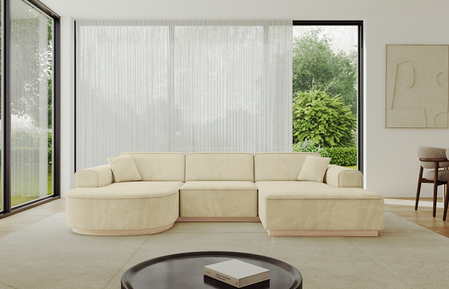 Bezug: Samt, Farbe: Beige - Dream Velvet 202.02, Stellvariante: U-Form, Stoffbeschreibung: Polsterstoff Dream Velvet: Wasserabweisender und leicht zu reinigender Möbelstoff, scheuerfest (30.000 Martindale-Zyklen) lichtecht (6) und pillingarm (4-5), aus 100 % PES, Gewicht 360 g/m2 ±5 %, Materialzusammensetzung: 100% Polyseter, Pilling Resistenz: 4, Abriebfestigkeit: 4, Scheuerbeständigkeit: 100000 Martindale-Zyklen, Ausstattung: Kissen, Zimmer: Wohnzimmer, Tiefe: 171 cm, Breite: 303 cm, Höhe: 83 cm, Anzahl der Sitzflächen: 4, Sitzfüllung: Wellenfeder + HR35 und T30-Schaum, Art der Rückenkissen: Rückenlehne - feste, Annzahl der Sitzkissen: 3, Anzahl der Zierkissen: 2, Breite der Armlehnen: 20 cm, Höhe der Armlehnen: 58 cm, Breite der Ottomane: 109 cm, Tiefe der Ottomane: 151 cm, Tiefe der Sitzfläche: 62 cm, Sitzhöhe: 47 cm, Schlaffunktion: Ohne Schlaffunktion - 1