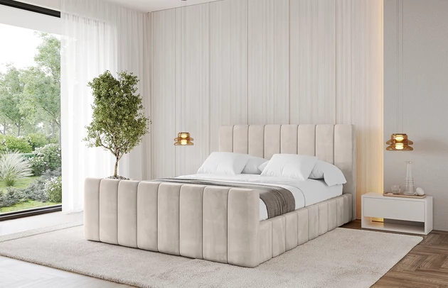 Bezug: Samt, Farbe: Beige - Casablanca 2301, Stoffbeschreibung: Polsterstoff Casablanca: „Pet-friendly“, leicht zu reinigen (CleanBOO+), wasserabweisend mit Lotuseffekt, scheuerfest (45.000 Martindale- Zyklen), Gewicht 310g/m2 ±5 %, Zimmer: Schlafzimmer, Länge: 222 cm, Breite: 136 cm, Höhe: 105 cm, Größe: 120x200 cm, Länge der Schlaffläche: 200 cm, Breite der Schlaffläche: 120 cm, Liegehöhe: 48 cm, Matratze: Mit H3 / H4 Taschenfederkern Matratze, Höhe der Matratze: 25 cm, Matratzentyp: Taschenfederkernmatratze, Bettkasten: Ja, Anzahl der Bettkasten: 1, Höhe der Bettkasten: 30 cm, Höhe des Kopfteils: 105 cm, Dicke des Kopfteils: 8 cm, Dicke des Fußteils: 7 cm, Gepolsterte Rückseite: Nein - 1