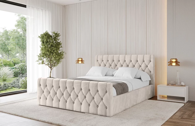 Bezug: Samt, Farbe: Beige - Casablanca 2301, Stoffbeschreibung: Polsterstoff Casablanca: „Pet-friendly“, leicht zu reinigen (CleanBOO+), wasserabweisend mit Lotuseffekt, scheuerfest (45.000 Martindale- Zyklen), Gewicht 310g/m2 ±5 %, Zimmer: Schlafzimmer, Länge: 222 cm, Breite: 136 cm, Höhe: 105 cm, Größe: 120x200 cm, Länge der Schlaffläche: 200 cm, Breite der Schlaffläche: 120 cm, Liegehöhe: 48 cm, Matratze: Mit H3 / H4 Taschenfederkern Matratze, Höhe der Matratze: 25 cm, Matratzentyp: Taschenfederkernmatratze, Bettkasten: Ja, Anzahl der Bettkasten: 1, Höhe der Bettkasten: 30 cm, Höhe des Kopfteils: 105 cm, Dicke des Kopfteils: 8 cm, Dicke des Fußteils: 7 cm, Gepolsterte Rückseite: Nein - 1