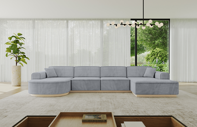 Bezug: Samt, Farbe: Grau - Dream Velvet 202.17, Stellvariante: U-Form, Stoffbeschreibung: Polsterstoff Dream Velvet: Wasserabweisender und leicht zu reinigender Möbelstoff, scheuerfest (30.000 Martindale-Zyklen) lichtecht (6) und pillingarm (4-5), aus 100 % PES, Gewicht 360 g/m2 ±5 %, Materialzusammensetzung: 100% Polyseter, Pilling Resistenz: 4, Abriebfestigkeit: 4, Scheuerbeständigkeit: 100000 Martindale-Zyklen, Ausstattung: Kissen, Zimmer: Wohnzimmer, Tiefe: 171 cm, Breite: 388 cm, Höhe: 83 cm, Anzahl der Sitzflächen: 6, Sitzfüllung: Wellenfeder + HR35 und T30-Schaum, Art der Rückenkissen: Rückenlehne - feste, Annzahl der Sitzkissen: 3, Anzahl der Zierkissen: 2, Breite der Armlehnen: 20 cm, Höhe der Armlehnen: 58 cm, Breite der Ottomane: 109 cm, Tiefe der Ottomane: 151 cm, Tiefe der Sitzfläche: 62 cm, Sitzhöhe: 47 cm, Schlaffunktion: Ohne Schlaffunktion - 1