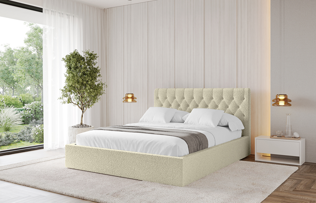 Bezug: Bouclé, Farbe: Beige - Quelle 02, Stoffbeschreibung: Polsterstoff Quelle: hochwertiger Bouclé Stoff, strapazierfähig, atmungsaktiv und pflegeleicht. (80.000 Martindale-Zyklen) 100 % PES, pillingarm(4-5), Gewicht 315 g/m² ±5 %, Zimmer: Schlafzimmer, Länge: 215 cm, Breite: 136 cm, Höhe: 105 cm, Größe: 120x200 cm, Länge der Schlaffläche: 200 cm, Breite der Schlaffläche: 120 cm, Liegehöhe: 48 cm, Matratze: Mit H3 / H4 Taschenfederkern Matratze, Höhe der Matratze: 25 cm, Matratzentyp: Taschenfederkernmatratze, Bettkasten: Ja, Anzahl der Bettkasten: 1, Höhe der Bettkasten: 30 cm, Höhe des Kopfteils: 105 cm, Dicke des Kopfteils: 8 cm, Gepolsterte Rückseite: Nein - 1