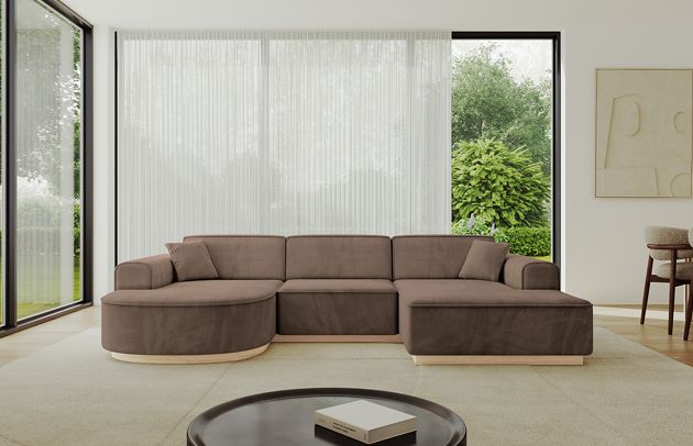 Bezug: Samt, Farbe: Braun - Dream Velvet 202.37, Stellvariante: U-Form, Stoffbeschreibung: Polsterstoff Dream Velvet: Wasserabweisender und leicht zu reinigender Möbelstoff, scheuerfest (30.000 Martindale-Zyklen) lichtecht (6) und pillingarm (4-5), aus 100 % PES, Gewicht 360 g/m2 ±5 %, Materialzusammensetzung: 100% Polyseter, Pilling Resistenz: 4, Abriebfestigkeit: 4, Scheuerbeständigkeit: 100000 Martindale-Zyklen, Ausstattung: Kissen, Zimmer: Wohnzimmer, Tiefe: 171 cm, Breite: 303 cm, Höhe: 83 cm, Anzahl der Sitzflächen: 4, Sitzfüllung: Wellenfeder + HR35 und T30-Schaum, Art der Rückenkissen: Rückenlehne - feste, Annzahl der Sitzkissen: 3, Anzahl der Zierkissen: 2, Breite der Armlehnen: 20 cm, Höhe der Armlehnen: 58 cm, Breite der Ottomane: 109 cm, Tiefe der Ottomane: 151 cm, Tiefe der Sitzfläche: 62 cm, Sitzhöhe: 47 cm, Schlaffunktion: Ohne Schlaffunktion - 1