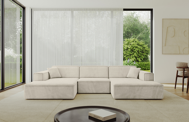 Bezug: Samt, Farbe: Beige - Paros 01, Stellvariante: U-Form, Stoffbeschreibung: paros-ist-ein-sehr-weicher-mobelstoff-mit-einer-angenehmen-haptik-50-000-martindale-zyklen-100-pes-pillingarm4-5-reibecht4-5-lichtecht67-gewicht-260-g-m-±5, Materialzusammensetzung: 100% Polyseter, Pilling Resistenz: 5, Abriebfestigkeit: 5, Scheuerbeständigkeit: 50000, Ausstattung: Kissen, Zimmer: Wohnzimmer, Tiefe: 165 cm, Breite: 301 cm, Höhe: 80 cm, Anzahl der Sitzflächen: 4, Art der Rückenkissen: Rückenlehne - feste, Annzahl der Sitzkissen: 3, Anzahl der Zierkissen: 2, Breite der Armlehnen: 25 cm, Höhe der Armlehnen: 58 cm, Breite der Ottomane: 108 cm, Tiefe der Ottomane: 143 cm, Tiefe der Sitzfläche: 62 cm, Sitzhöhe: 44 cm, Schlaffunktion: Ohne Schlaffunktion - 1