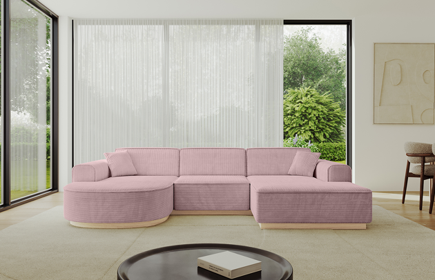 Bezug: Cord, Farbe: Rosa - Poso 145, Stellvariante: U-Form, Stoffbeschreibung: POSO ist ein angenehm anzufühlender Velours mit Kordstruktur (35000 MartindaleZyklen) und leicht zu reinigender Möbellstoff, lichtecht (5) und pillingarm (5), Gewicht 380 g/m2 ±5%, Materialzusammensetzung: 90% Polyseter, 10% Nylon, Pilling Resistenz: 5, Abriebfestigkeit: 4, Scheuerbeständigkeit: 30000 Martindale-Zyklen, Ausstattung: Kissen, Zimmer: Wohnzimmer, Tiefe: 171 cm, Breite: 303 cm, Höhe: 83 cm, Anzahl der Sitzflächen: 4, Sitzfüllung: Wellenfeder + HR35 und T30-Schaum, Art der Rückenkissen: Rückenlehne - feste, Annzahl der Sitzkissen: 3, Anzahl der Zierkissen: 2, Breite der Armlehnen: 20 cm, Höhe der Armlehnen: 58 cm, Breite der Ottomane: 109 cm, Tiefe der Ottomane: 151 cm, Tiefe der Sitzfläche: 62 cm, Sitzhöhe: 47 cm, Schlaffunktion: Ohne Schlaffunktion - 1
