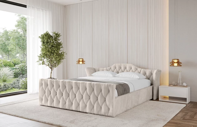 Bezug: Samt, Farbe: Beige - Casablanca 2301, Stoffbeschreibung: Polsterstoff Casablanca: „Pet-friendly“, leicht zu reinigen (CleanBOO+), wasserabweisend mit Lotuseffekt, scheuerfest (45.000 Martindale- Zyklen), Gewicht 310g/m2 ±5 %, Zimmer: Schlafzimmer, Länge: 222 cm, Breite: 136 cm, Höhe: 81 cm, Größe: 120x200 cm, Länge der Schlaffläche: 200 cm, Breite der Schlaffläche: 120 cm, Liegehöhe: 48 cm, Matratze: Mit H3 / H4 Taschenfederkern Matratze, Höhe der Matratze: 25 cm, Matratzentyp: Taschenfederkernmatratze, Bettkasten: Ja, Anzahl der Bettkasten: 1, Höhe der Bettkasten: 30 cm, Höhe des Kopfteils: 81 cm, Dicke des Kopfteils: 8 cm, Dicke des Fußteils: 7 cm, Gepolsterte Rückseite: Nein - 1