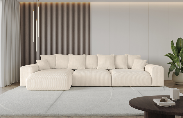 Bezug: Cord, Farbe: Beige - Poso 105, Stellvariante: Ottomane Links, Stoffbeschreibung: POSO ist ein angenehm anzufühlender Velours mit Kordstruktur (35000 MartindaleZyklen) und leicht zu reinigender Möbellstoff, lichtecht (5) und pillingarm (5), Gewicht 380 g/m2 ±5%, Materialzusammensetzung: 90% Polyseter, 10% Nylon, Pilling Resistenz: 5, Abriebfestigkeit: 4, Scheuerbeständigkeit: 30000 Martindale-Zyklen, Ausstattung: Kissen, Zimmer: Wohnzimmer, Tiefe: 176 cm, Breite: 364 cm, Höhe: 72 cm, Länge der Schlaffläche: 295 cm, Breite der Schlaffläche: 150-cm, Liegehöhe: 45 cm, Anzahl der Sitzflächen: 5, Sitzfüllung: Wellenfeder + HR35 und T30-Schaum, Anzahl der Rückenkissen: 7, Art der Rückenkissen: Rückenkissen, Annzahl der Sitzkissen: 3, Anzahl der Zierkissen: 2, Material der Füße: Kunststoff, Höhe der Füße: 5 cm, Farbe der Füße: Schwarz, Tiefe der Armlehnen: 126 cm, Breite der Armlehnen: 32 cm, Höhe der Armlehnen: 57 cm, Breite der Ottomane: 100 cm, Tiefe der Ottomane: 160 cm, Tiefe der Sitzfläche: 116 cm, Sitzhöhe: 45 cm, Art des Stauraumes: Innenfach geschlossen - 1